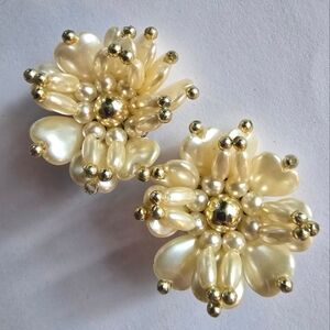 Big vintage earrings beaded faux pearl bridal wedding clip on clipon flower